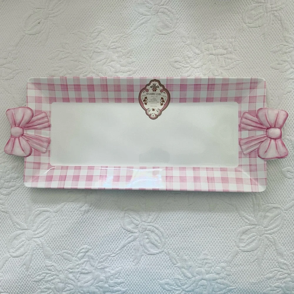 NWT Shabby Chic Pink White Gingham Rectangular Melamine Sandwich Tray Platter